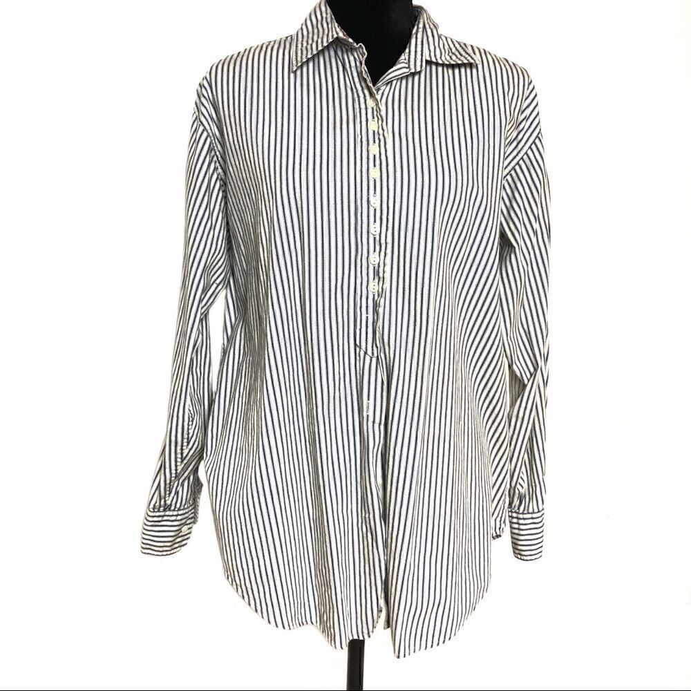 Dockers Blouse Button Down Blue Tan Striped Button Cuffs Collared Medium